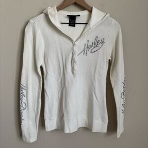 Vintage Y2K Harley Davidson Womens White Longsleeve Hoodie Rhinestone Size Small